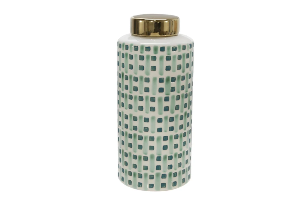 13 Inch Green Weave Ceramic Jar With Gold Lid