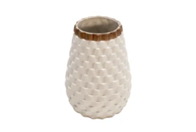 9 Inch White Ceramic Textured Woven Pattern Vase
