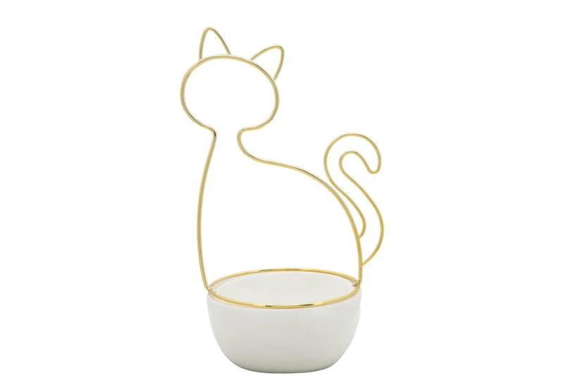 10 Inch White + Gold Cat Silhouette Trinket Dish - 360