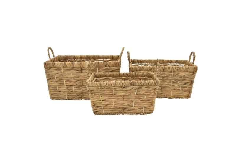 Set Of 3 Tight Weave Rectangular Water Hyacinth Baskets With Handles - 360