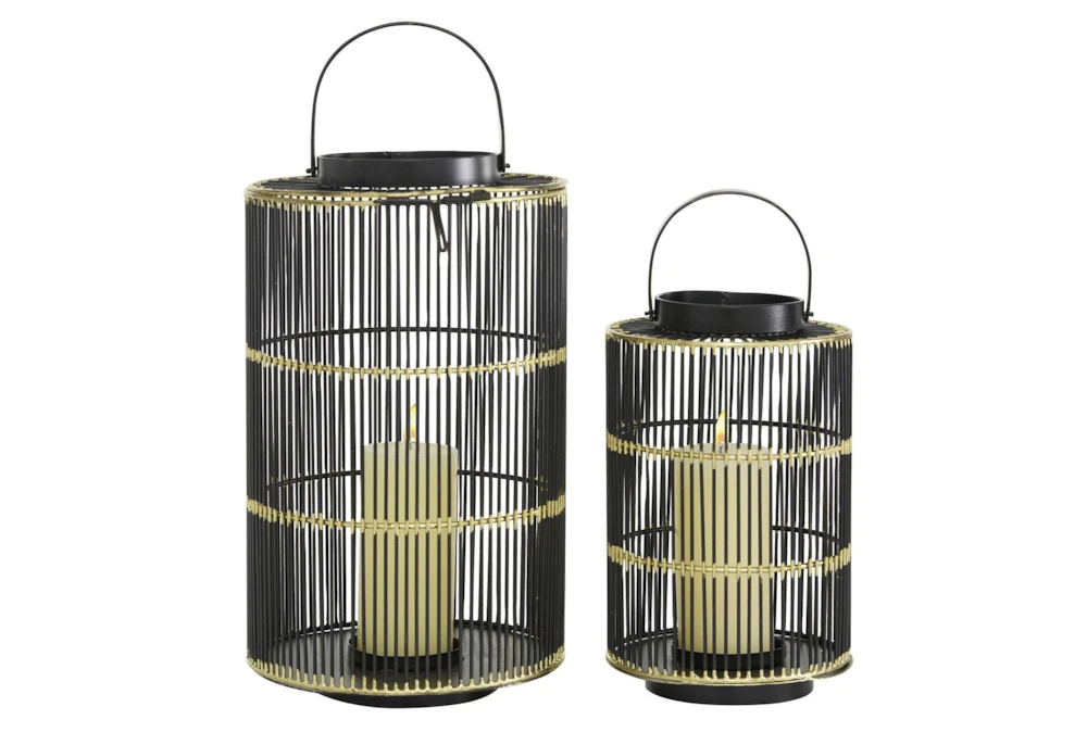 11 & 16 Inch Black + Gold Metal Wire Lantern-Set Of 2
