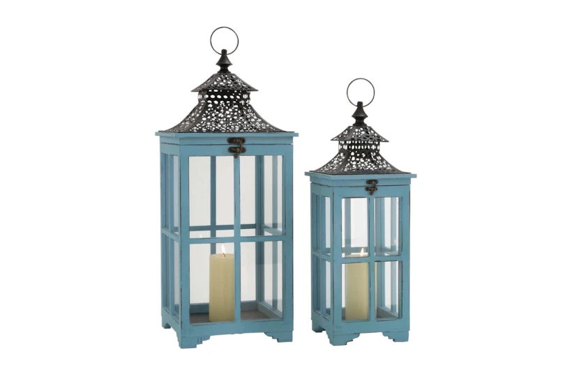 Turquoise Wood Lantern Set Of 2 - 360