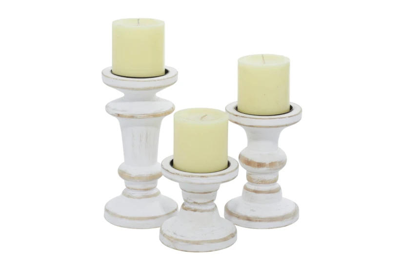 White Wood Candle Holder Set Of 3 - 360