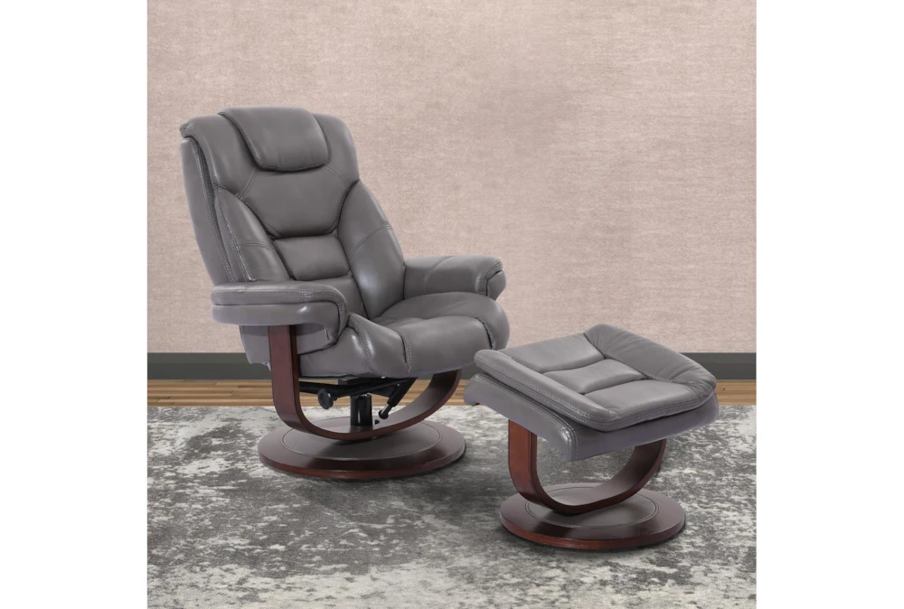 Farley Grey Leather Manual Reclining Swivel Arm Chair And Ottoman