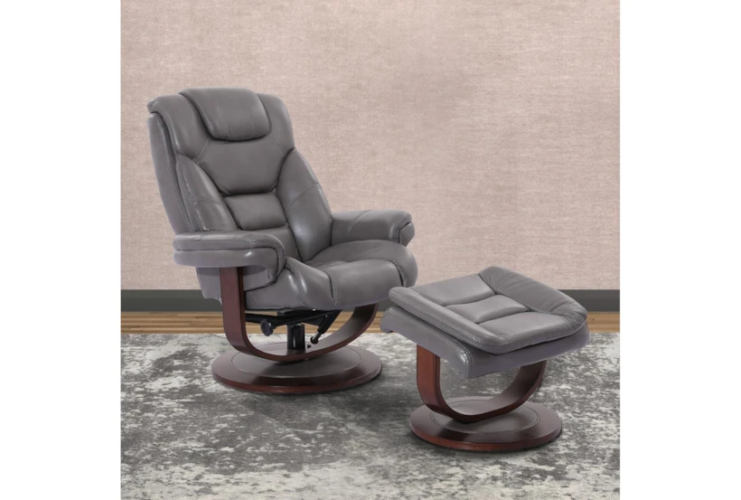 Farley Grey Leather Manual Reclining Swivel Arm Chair And Ottoman - 360