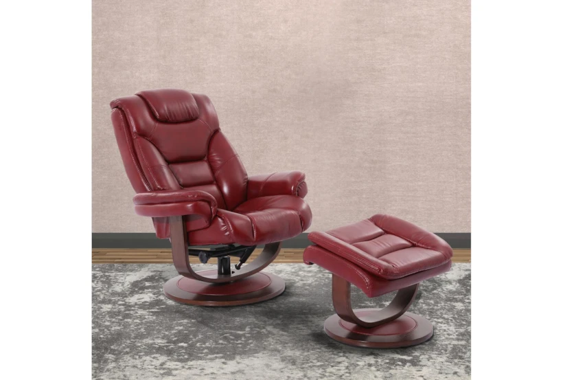 Farley Red Leather Manual Reclining Swivel Chair And Ottoman - 360