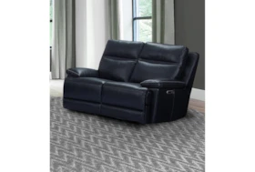 Delacey Navy Leather 65" Power Reclining Loveseat With Power Headrest, Power Lumbar & USB