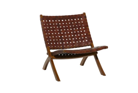 Brown Leather Basketweave Folding Accent Chair - Main