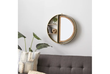 27 Inch Gold Metal + Wood Wall Shelf With Mirror