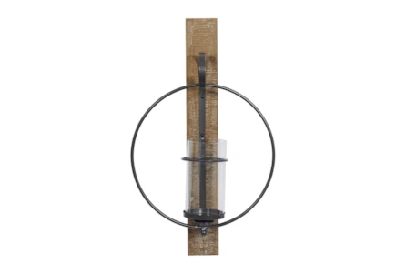 15X24 Inch Wood + Metal Ring Pillar Candle Wall Sconce