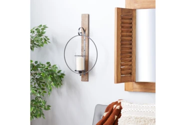 16X 28 Inch Wood + Metal Ring Pillar Candle Wall Sconce