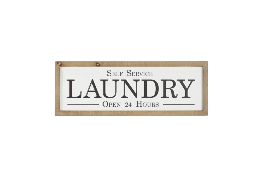 32X14 Inch White Metal + Wood Laundry Sign Wall Decor