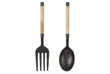 35 Inch Metal + Wood Fork And Spoon 2Pc Wall Decor