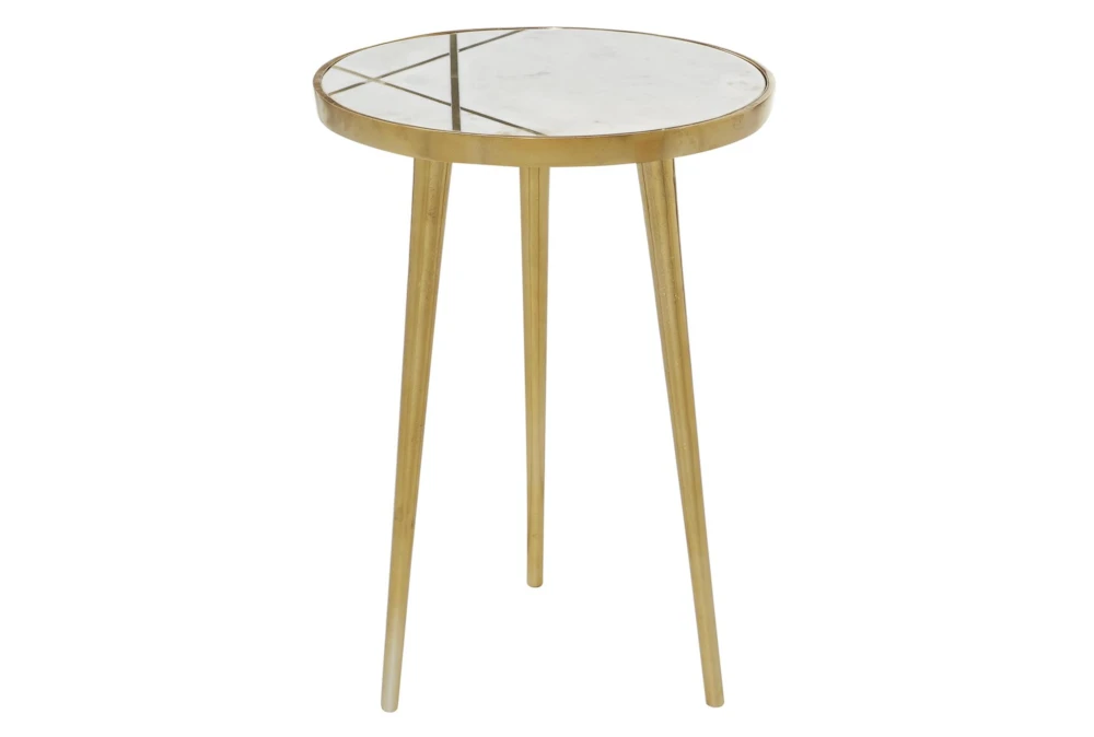 20" Marble + Gold Round Accent Table With Geometric Inlay
