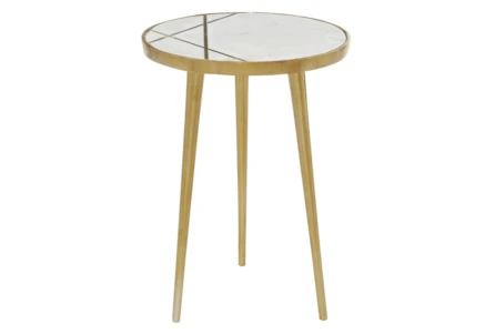 20 Inch Marble + Gold Round Accent Table With Geometric Inlay