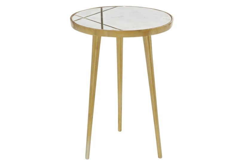 20" Marble + Gold Round Accent Table With Geometric Inlay - 360