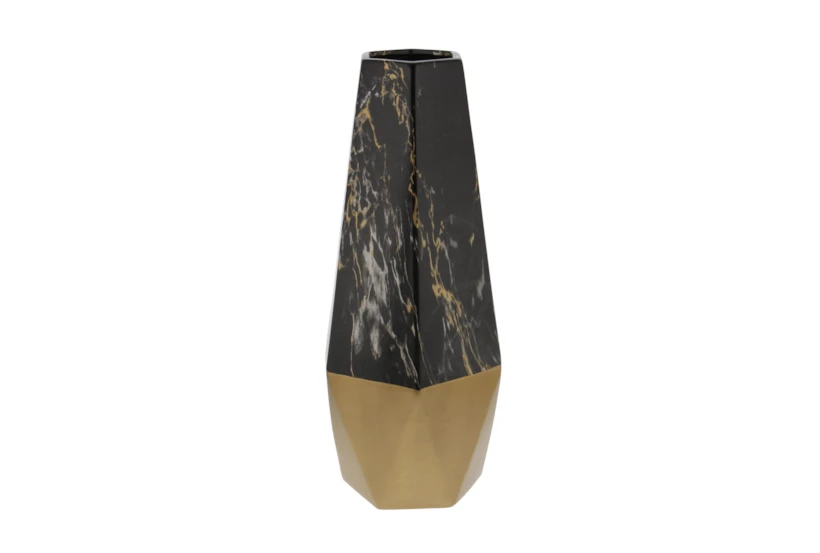 18 Inch Gold and Black Marble Faceted Vase - 360
