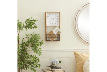 12X24 Inch Wood Wall Clock With Metal Basket