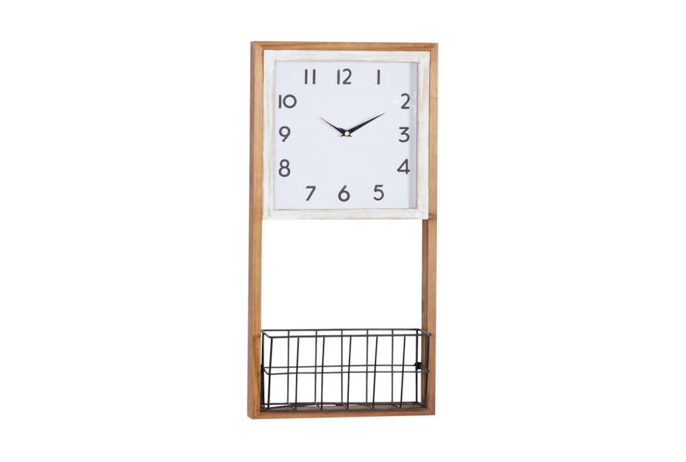 12X24 Inch Wood Wall Clock With Metal Basket