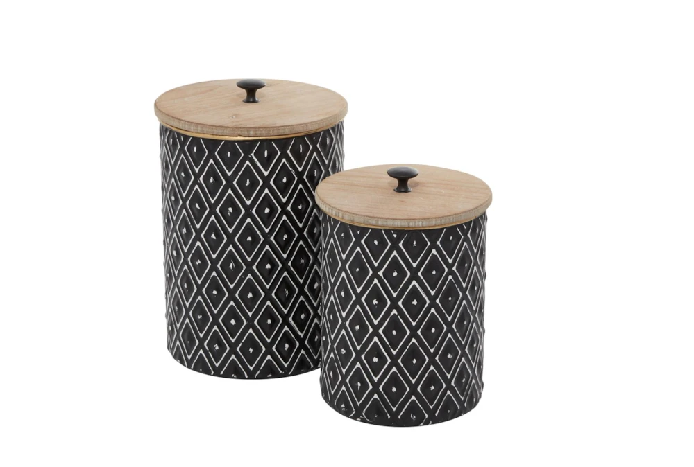 11 Inch and 9 Inch Black Metal Diamond Canister With Wood Lid Set Of 2