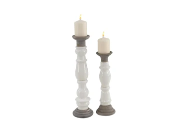 16 & 20 Inch White Stoneware Turned Pillar Candle Holder- Set Of 2