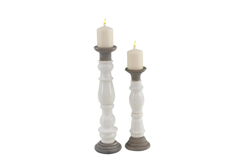 16 & 20 Inch White Stoneware Turned Pillar Candle Holder- Set Of 2 - 360