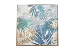 32X32 Inch Blue + Gold Tropical Leaves Canvas Wall Art