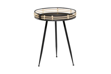 25 Inch Black Metal Accent Table With Rattan Rim