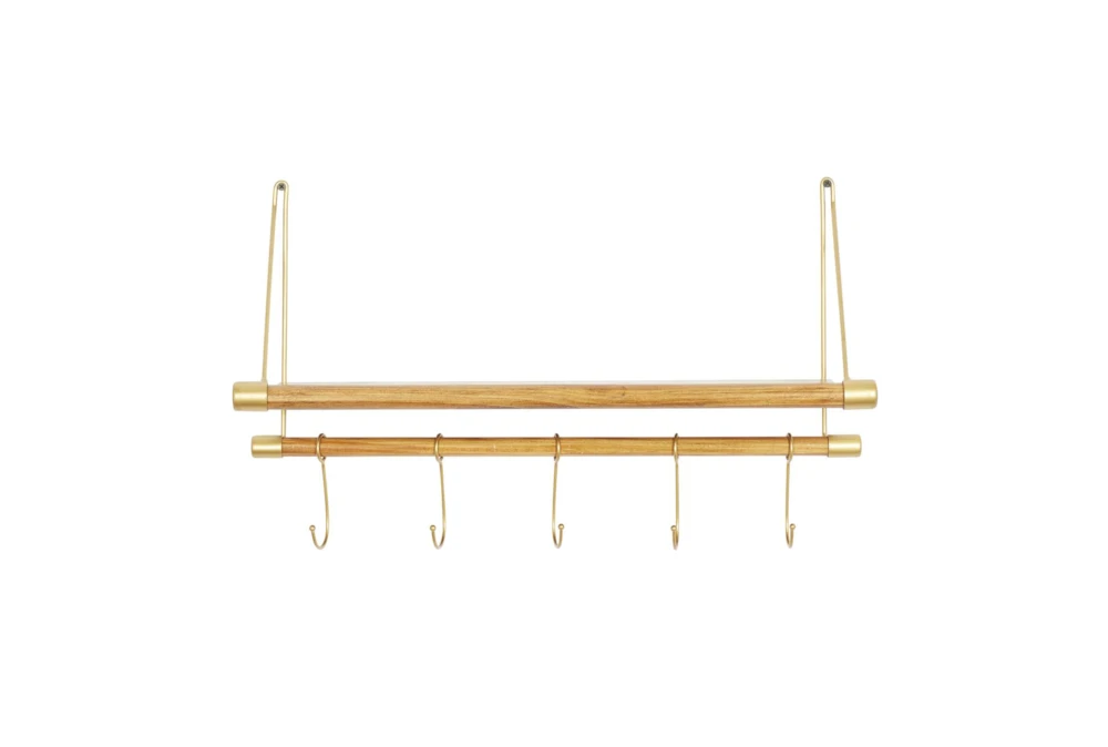 23X14 Inch Gold + Wood Wall Shelf With Hooks