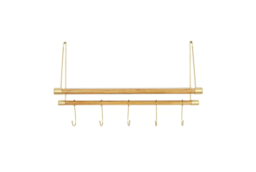 23X14 Inch Gold + Wood Wall Shelf With Hooks - 360