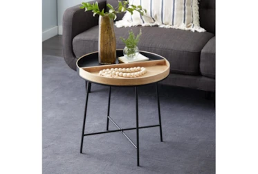 22 Inch Metal + Wood Tray Top Round End Table