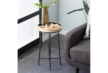 14 Inch Metal + Wood Tray Top Round Accent Table