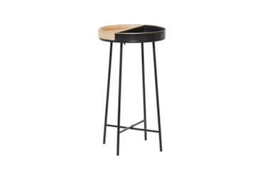 14 Inch Metal + Wood Tray Top Round Accent Table