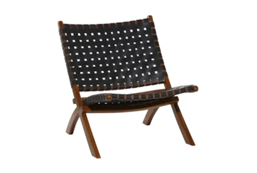 Black Leather Basketweave Folding Accent Chair