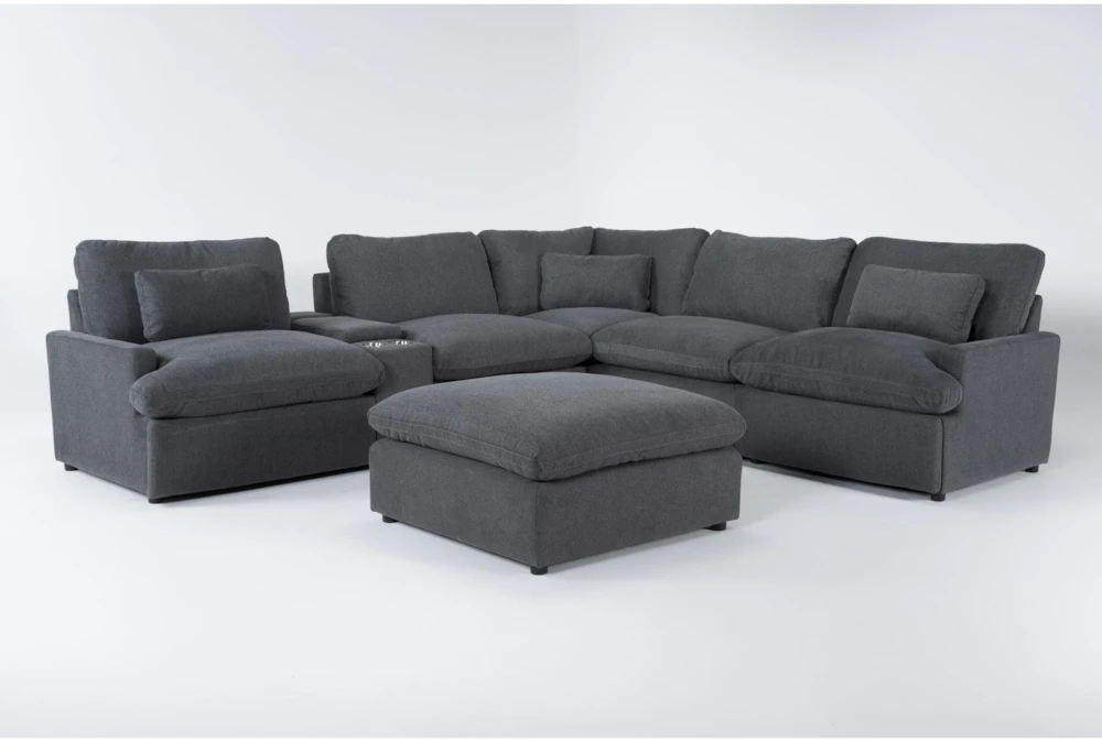 Jolene Dark Grey 134" 6 Piece Power Reclining Modular Sectional with 3 Power Recliners, Ottoman & Console with USB