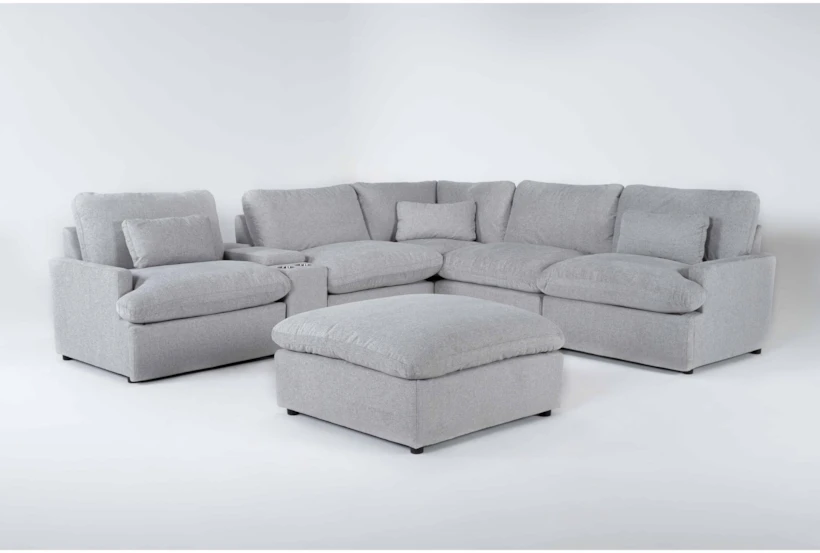 Jolene Silver Grey 134" 6 Piece Power Reclining L-Shaped Modular Sectional with 3 Power Recliners, Console, Storage, Cupholders, USB  & Ottoman - 360