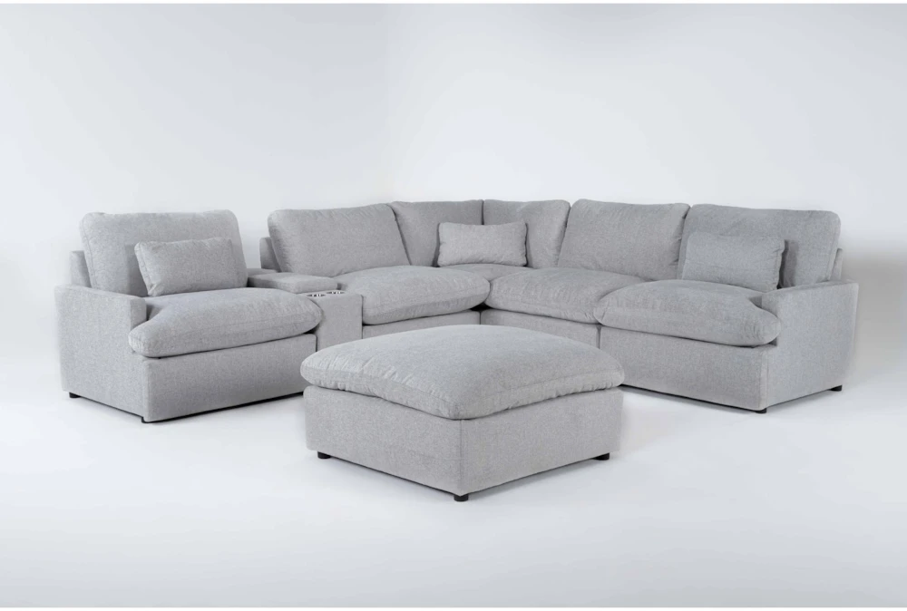 Jolene Silver Grey 134" 6 Piece Power Reclining L-Shaped Modular Sectional with 3 Power Recliners, Console, Storage, Cupholders, USB  & Ottoman
