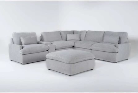 Jolene Silver Grey 134" 6 Piece Power Reclining Modular Sectional with 3 Power Recliners, Ottoman & Console with USB