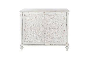 Weathered White Carved Floral 2 Door Cabinet