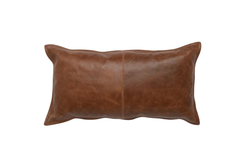 14X26 Cognac Brown Pieced Leather Lumbar Throw Pillow - 360