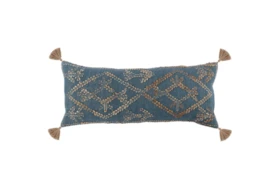 16X36 Blue + Natural Embroidered Diamond Pattern Lumbar Throw Pillow