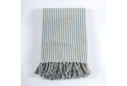 50X70 Natural + Eucalyptus Blue Awning Stripe Throw Blanket | Living Spaces