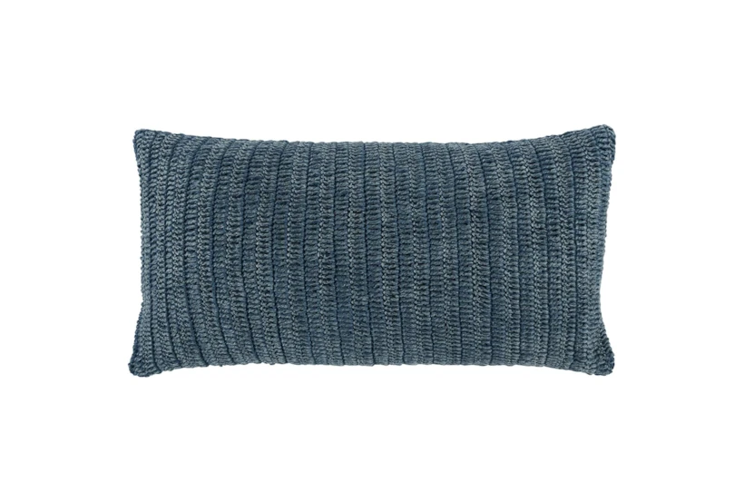 14X26 Blue Stonewashed Flax Linen Woven Lumbar Throw Pillow - 360