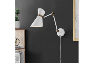 7 Inch White + Brass Metal Angular Shade Adjustable Swing Arm Plug In Task Wall Sconce With Hardwire Kit