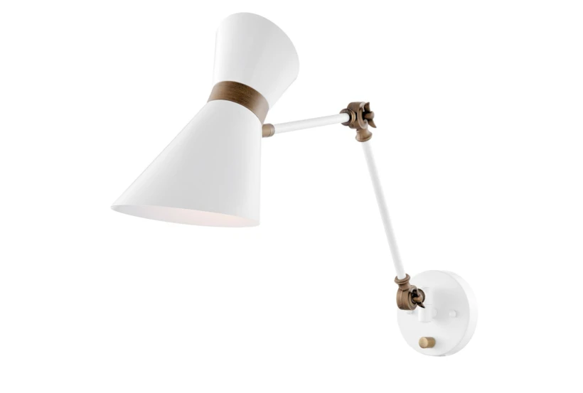 7 Inch White + Brass Metal Angular Shade Adjustable Swing Arm Plug In Task Wall Sconce With Hardwire Kit - 360