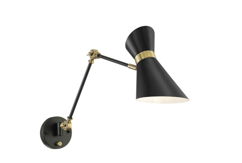7 Inch Black + Brass Metal Angular Shade Adjustable Swing Arm Plug In Task Wall Sconce With Hardwire Kit - 360