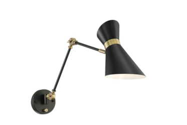 7 Inch Black + Brass Metal Angular Shade Adjustable Swing Arm Plug In Task Wall Sconce With Hardwire Kit