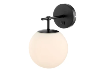 12 Inch Black + Frosted Glass Sphere Plug-In Wall Sconce With Hardwire Kit
