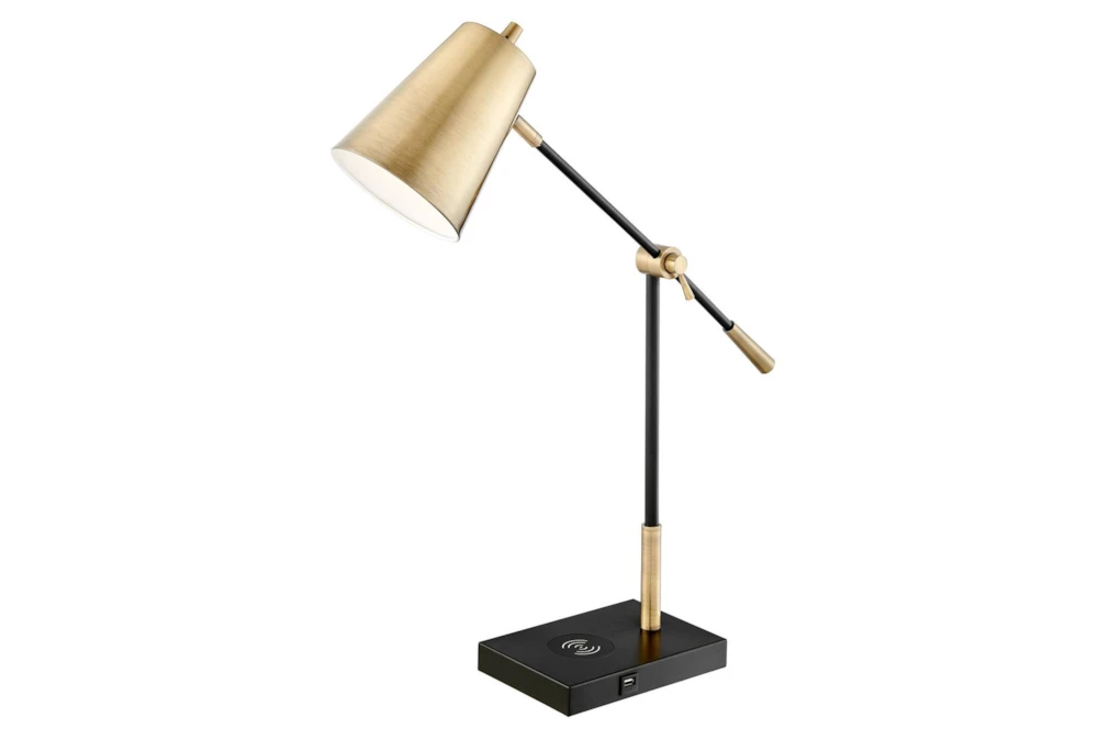 30 Inch Gold Brass + Black Metal Desk Task Lamp With Usb Port + High Speed Wireless Charge
