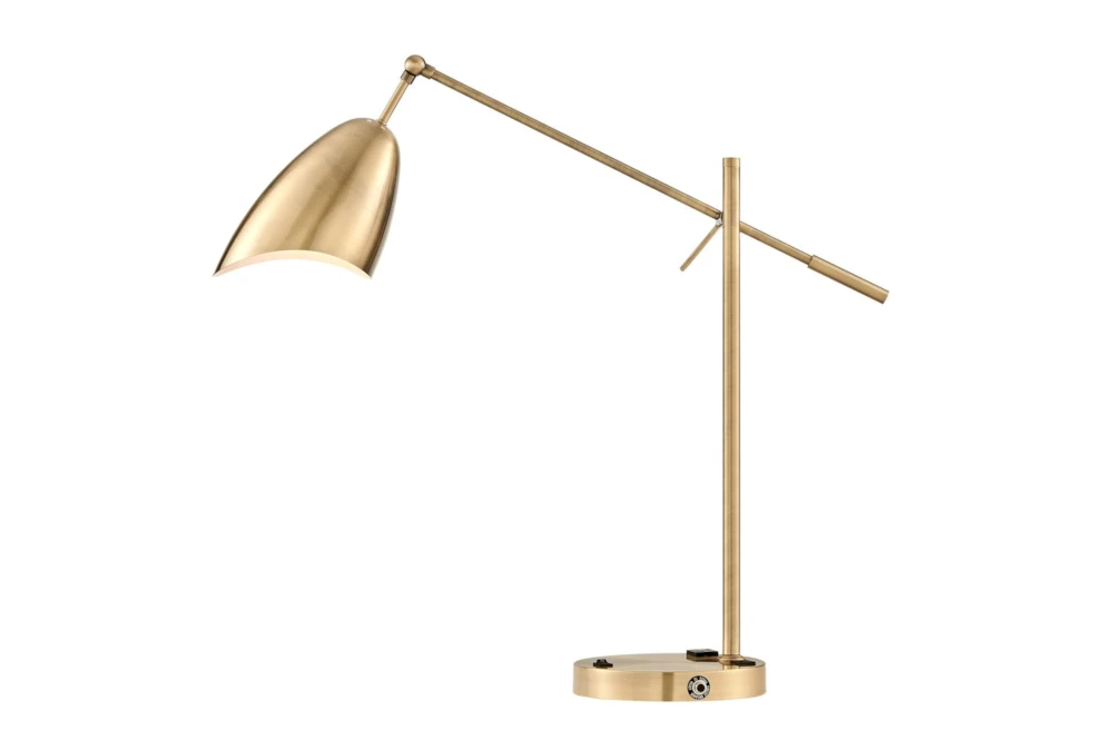 34 Inch Gold Brass Modern Scoop Shade Task Desk Lamp With Outlet + Usb